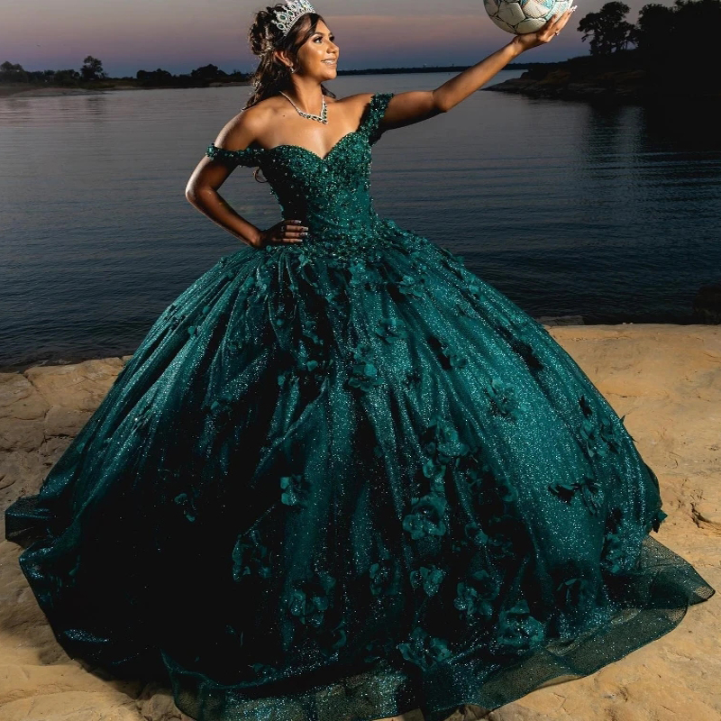 Blackish Green Quinceanera Dresses Ball Gown Birthday Party Dress Lace Up Graduation Gown Beads Flower Sweet 16 Dress Vestidos De 15 Anos