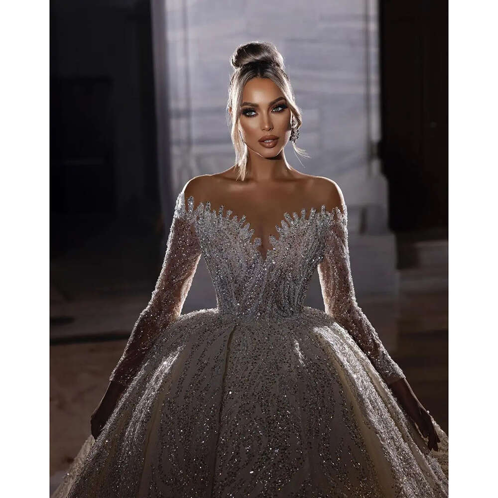 Gown Ball Wedding Elegant Sweetheart Collar Lace Applique Beaded Long Sleeve Princess Bride Dress