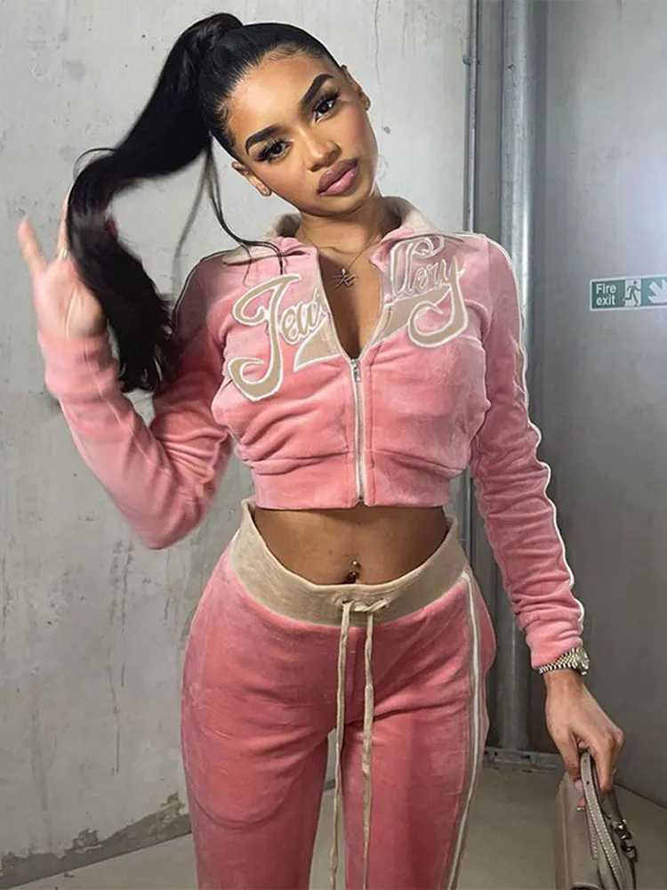 Womens Two Piece Pants Womens letter printed suede jacket 2piece set Tracksuit contrasting color straight sports pants matching set womens sportswea Y
