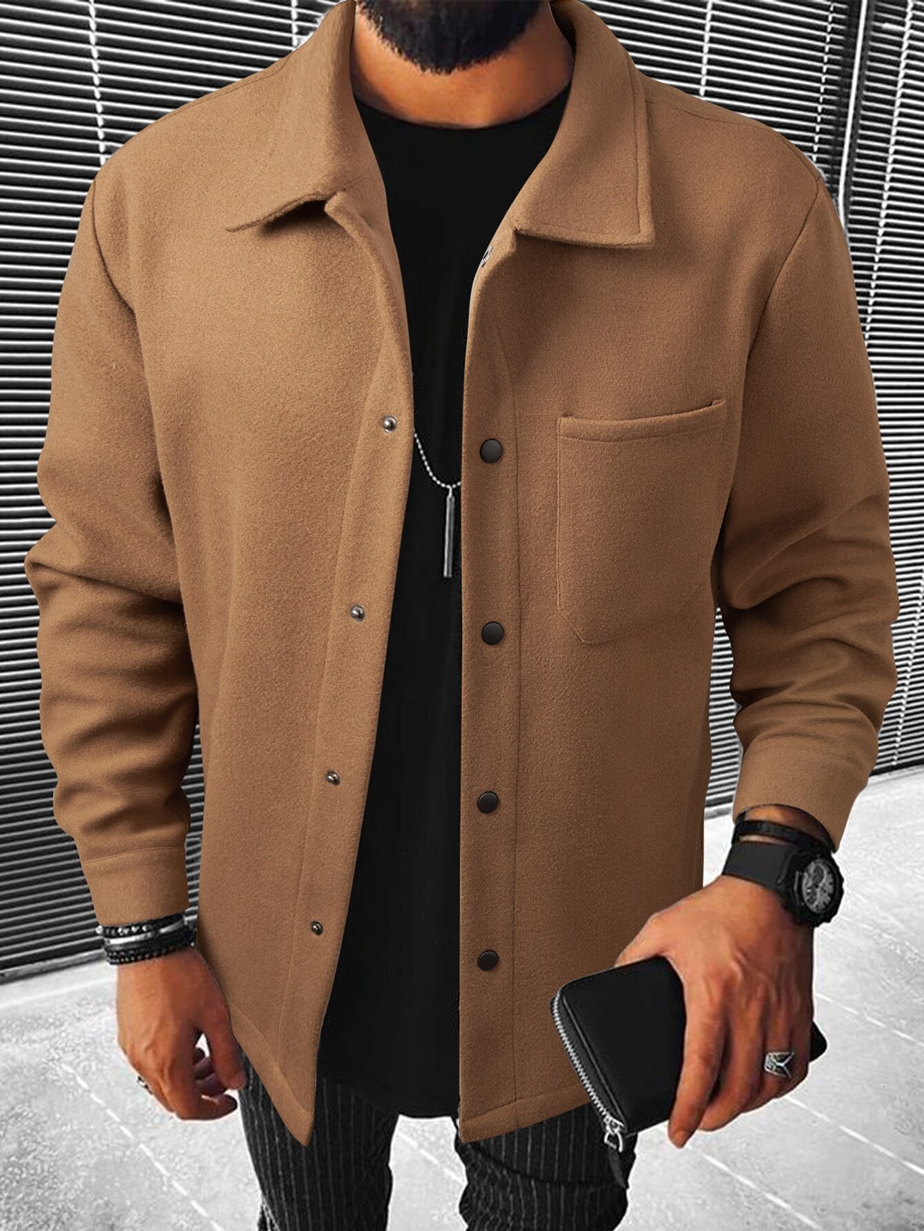 Men 1pc Pocket Patched Overcoat Plain Going Out Casual Overcoat For Friends