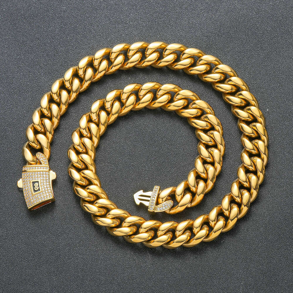 miami hiphop necklace 6mm-12mm round ground encrypted 14k gold Cuban inlaid with dia spring buckle chain