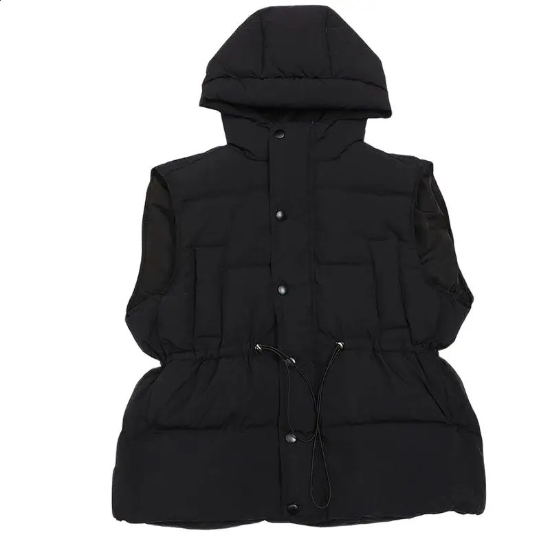 Winter Cotton Tank Top Coats Womens Student Parkas Korean Loose Belt Hoodie Elegant Sleeveless Top 240929