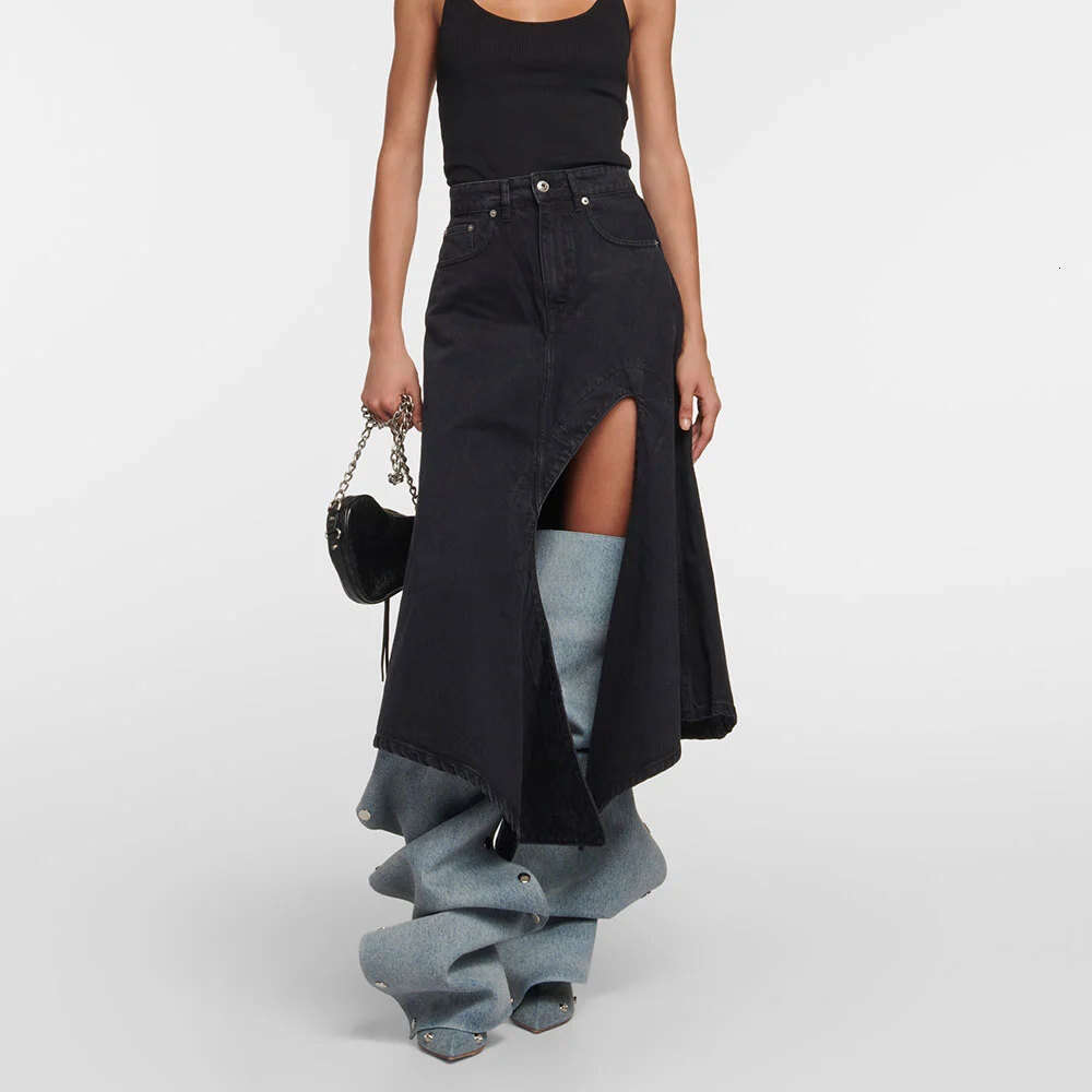 2024 Brand Chic Spring Summer Denim Blue Detachable Knee Boots Women Pointy Toe Sexy Black Brown High Heels Fold Boot Shoes