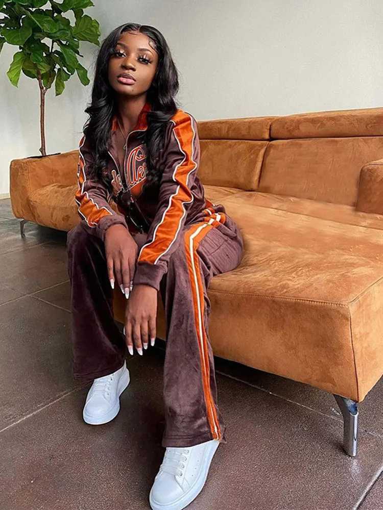 Womens Two Piece Pants Womens letter printed suede jacket 2piece set Tracksuit contrasting color straight sports pants matching set womens sportswea Y