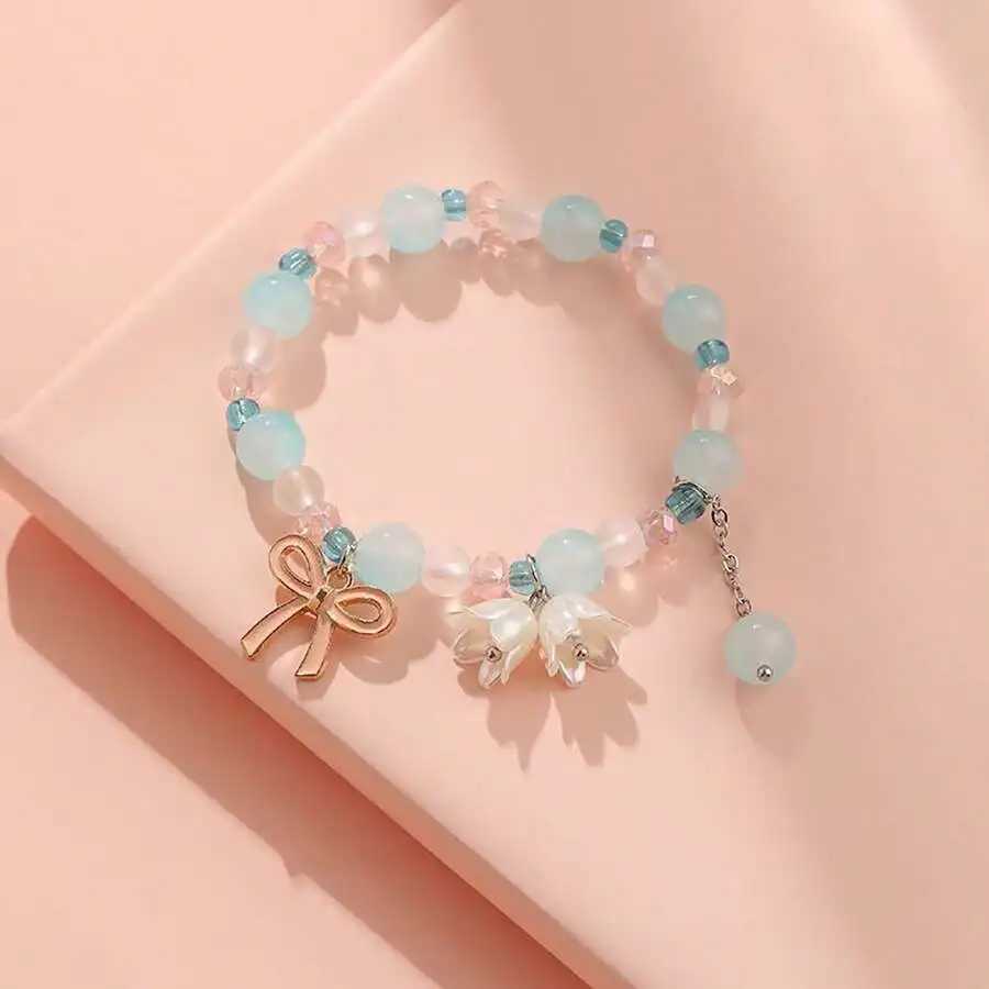 Flower shaped metal bow knot charm beads elastic bracelet pink opal round beads green spaced beads cute girl elastic bracelet W241004