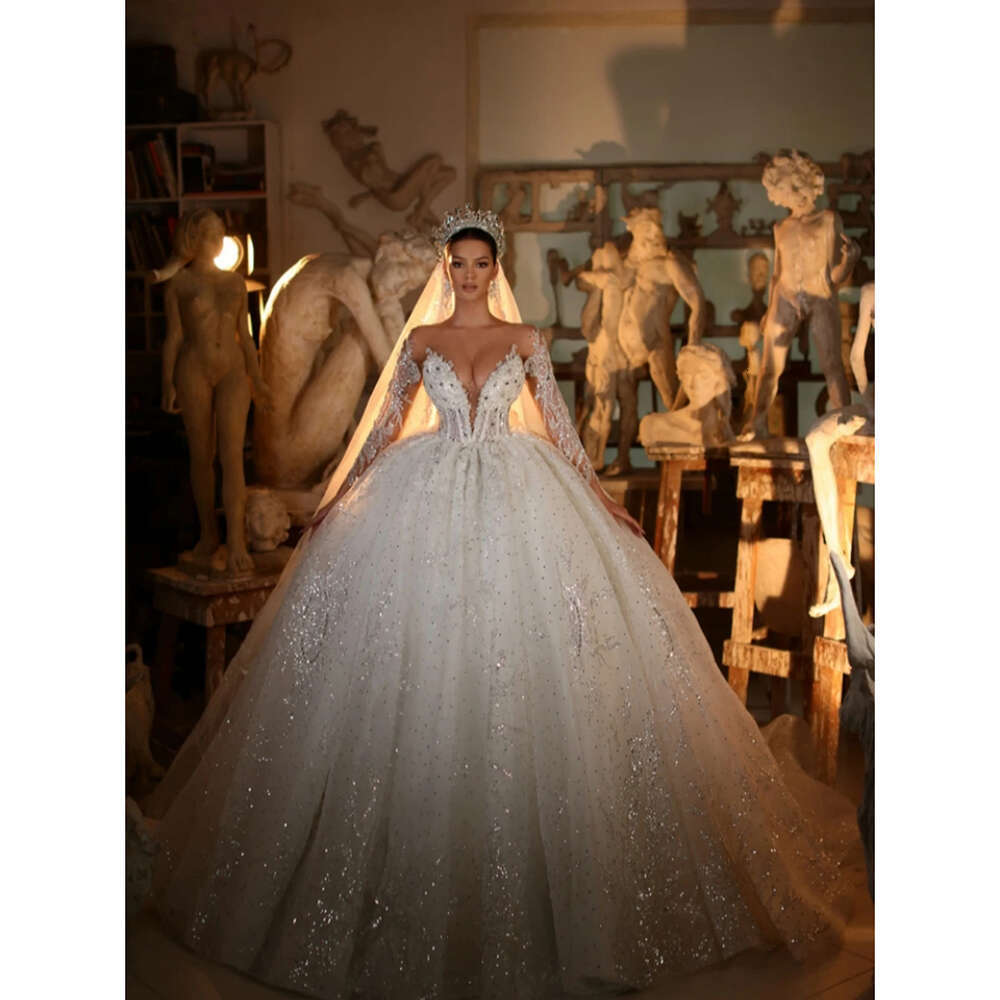 Ball Gown Wedding Dress Sexy Deep V-Neck Sequined Beaded Lace Long Sleeves Princess Bridal Gowns Vestido De Novia 0228Lz