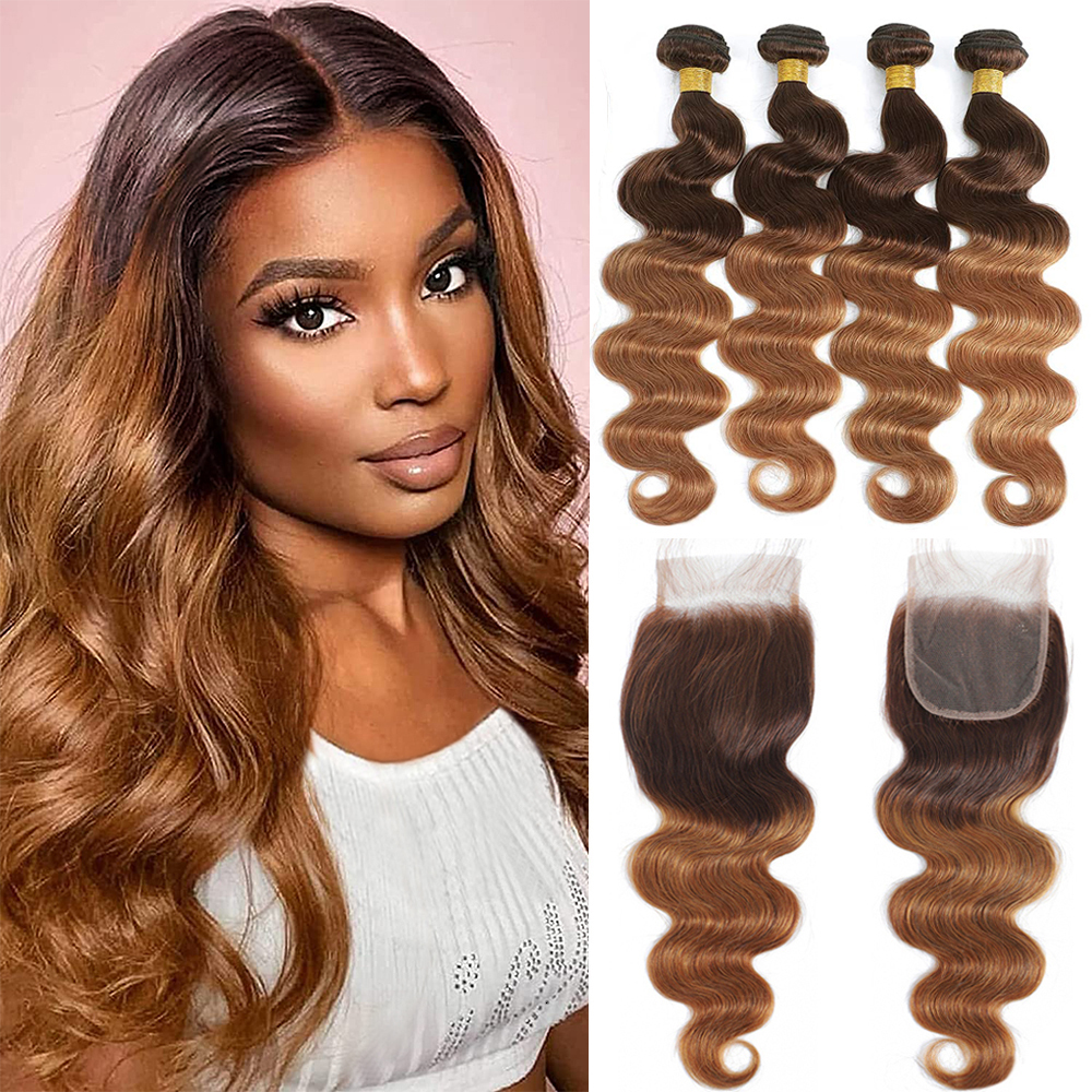 Ombre Body Wave Brazilian Weave 3/4 Bundles With Lace Closure Colored Human Hair Extensions