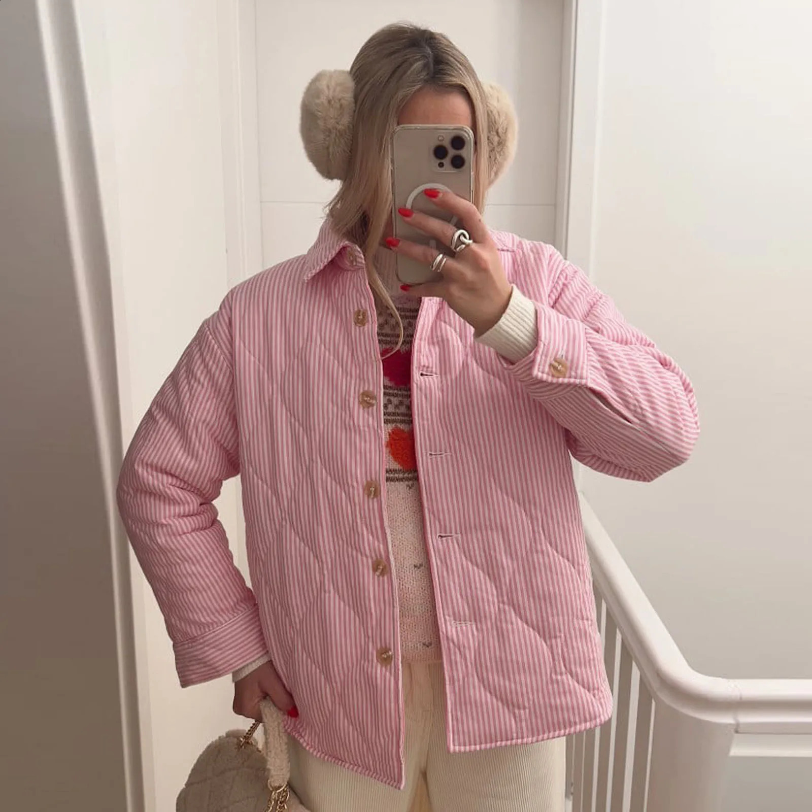 Combhasaki Womens Y2K Inflatable Jacket Striped Collar Button Autumn/Winter Long Sleeve Padded Down Jacket 240924