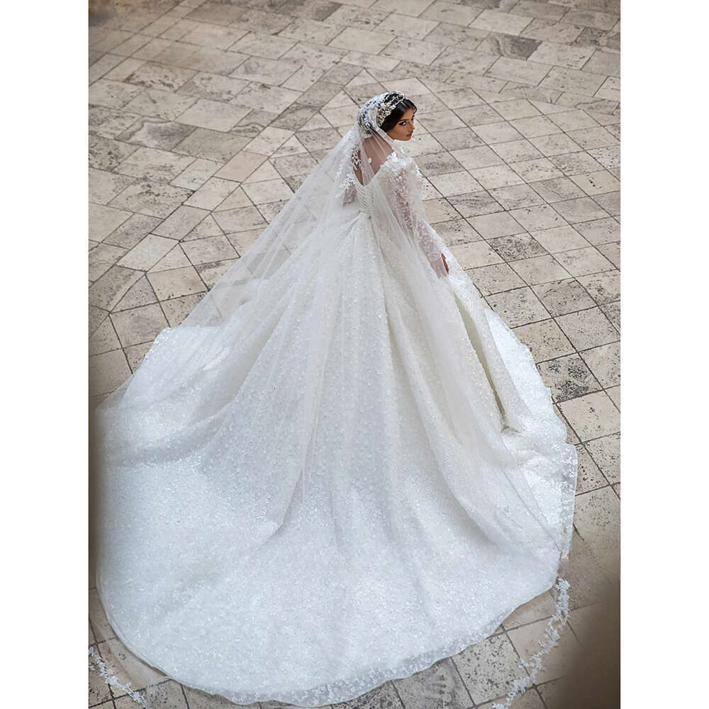White Gorgeous V Neck Full Sleeves Wedding Dress Lace Applique Sequin Beaded Bridal Gown Custom Made Princess Bride Dresses es