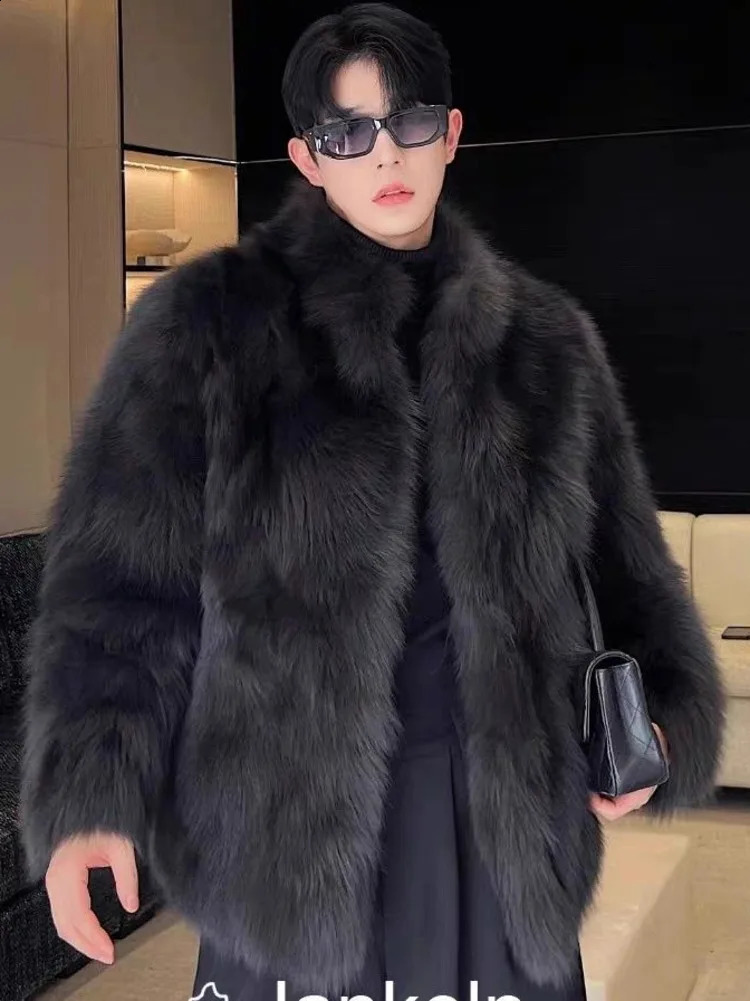 Fur imitation thick mens artificial fox fur coat mens warm coat long sleeved winter artificial fur leather jacket fluffy fur coat 240929