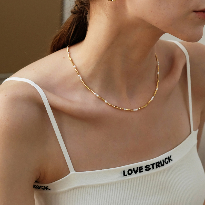 Stainless Steel Mix Thin Chain Small Beads Real Pearl Necklace 18K Gold Plated Beaded Necklaces Handmade Cute Romantic Jewelry