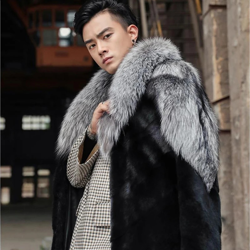 Winter mens silver fox fur collar fur coat long thick and warm windbreaker fashionable and elegant coat 240930