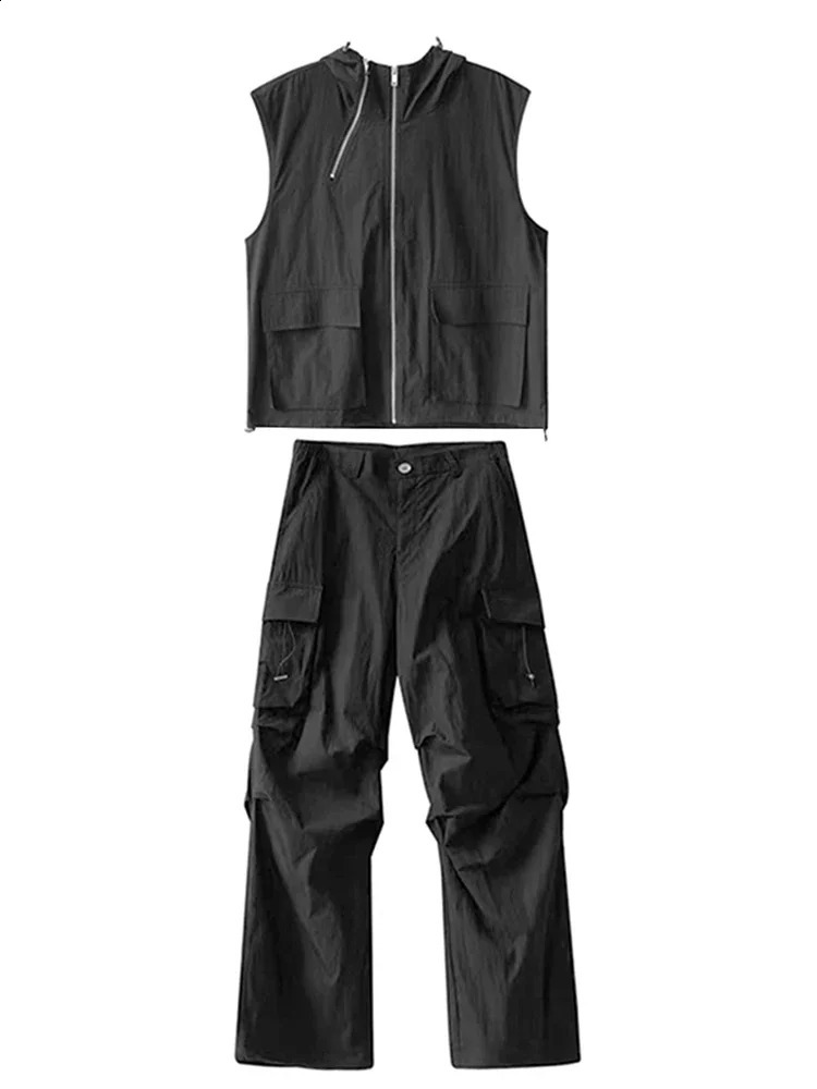 HOUZHOU Cargo Pants Sets Vest Hooded Summer 2 Piece Outfit Japanese Sleeveless Suit Male Korean Streetwear Hip Hop Plus Size 5XL 240927
