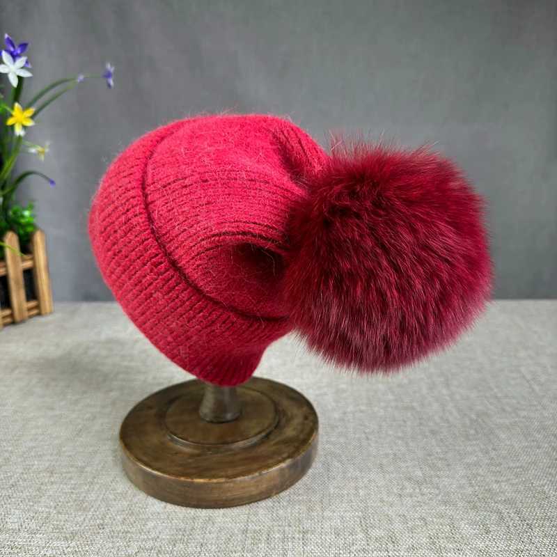 New Angora fur winter hat For Women Fluffy fox fur pompom hat Beanies Luxury Big size Bonnet Female Soft Warm Skullies hatX241005