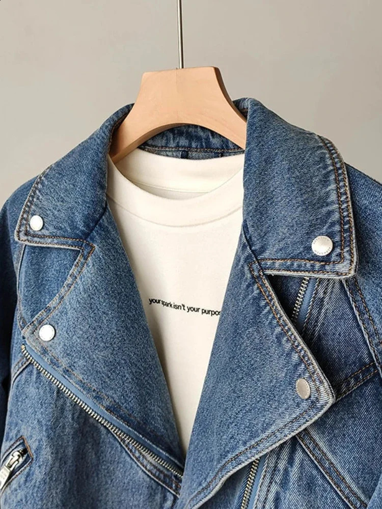 Fitaylor Spring Autumn Women Denim Jacket Casual Lady Moto Biker Coat Vintage Lapel Zipper 240927