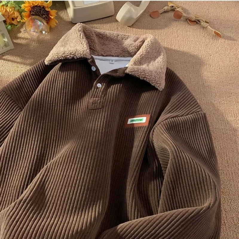 Mens Corduroy polo shirt sweater womens autumn wool thick coat lapel button long sleeved warm top 240930