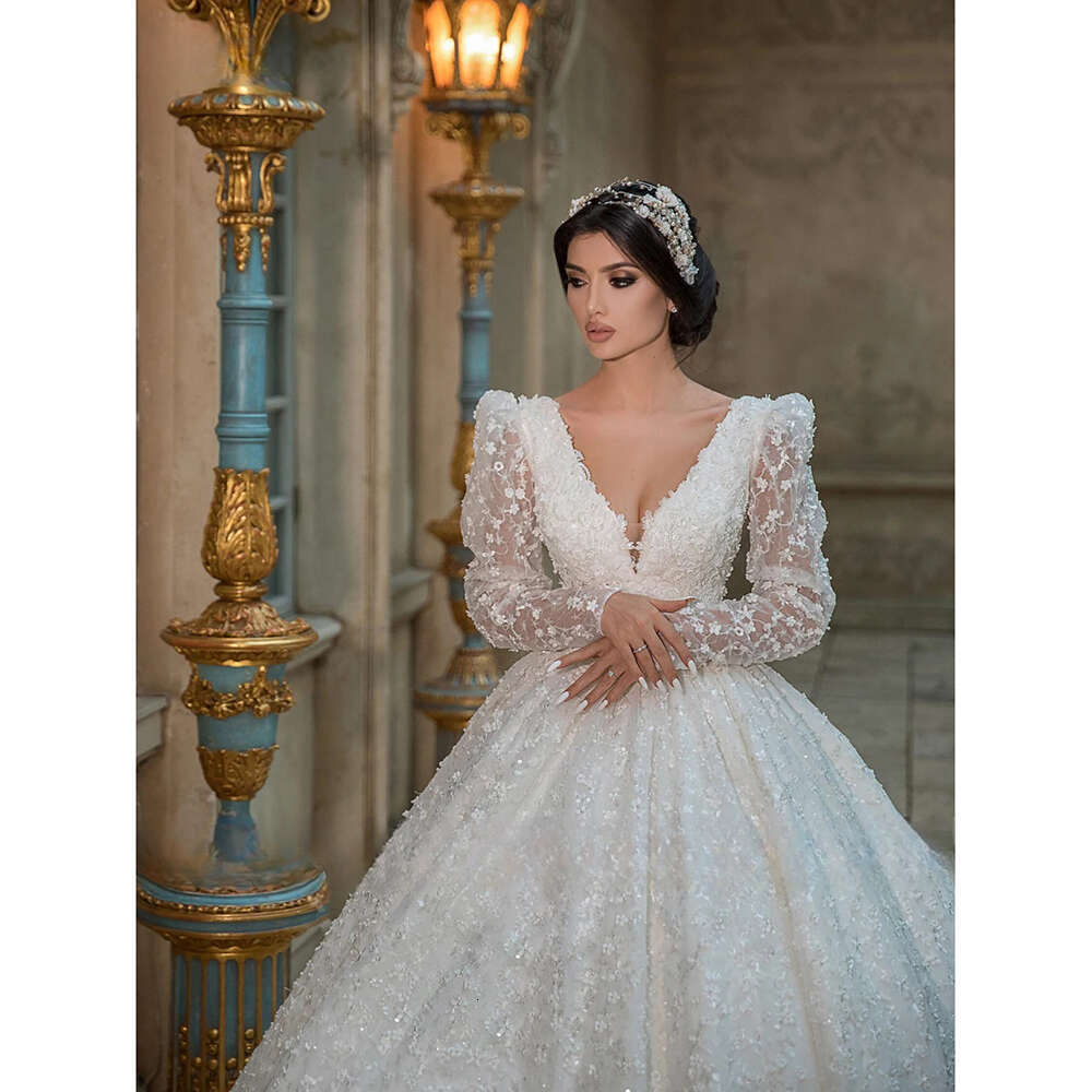 White Gorgeous V Neck Full Sleeves Wedding Dress Lace Applique Sequin Beaded Bridal Gown Custom Made Princess Bride Dresses es