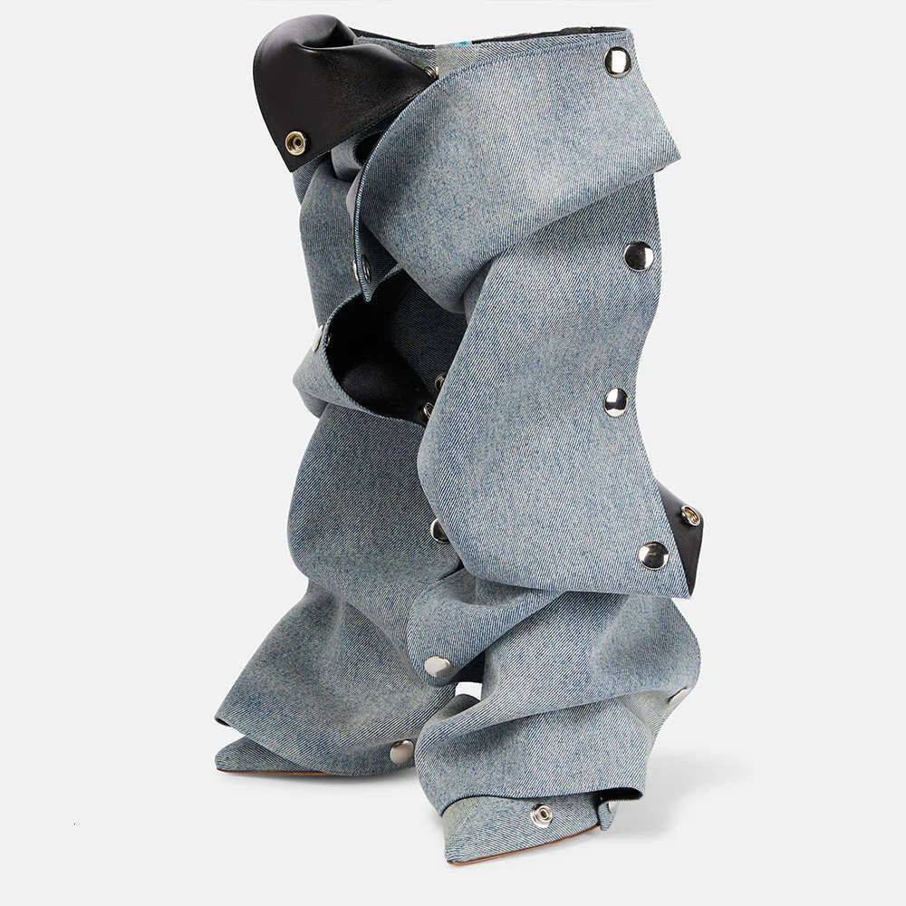 2024 Brand Chic Spring Summer Denim Blue Detachable Knee Boots Women Pointy Toe Sexy Black Brown High Heels Fold Boot Shoes