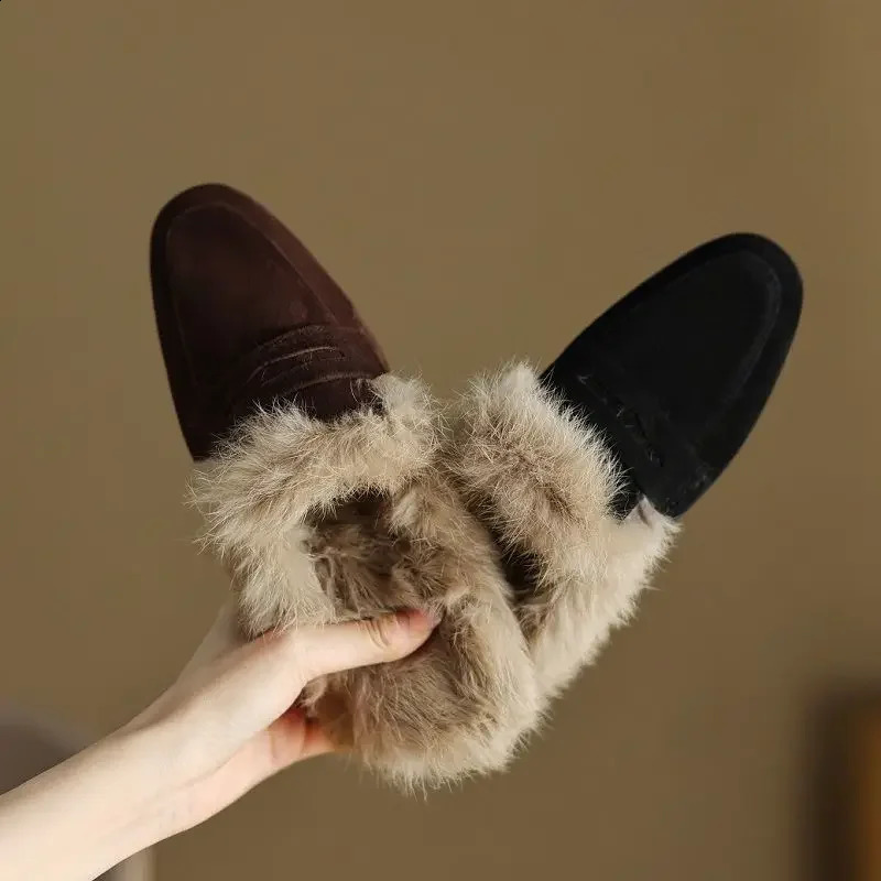 Sliding on simple shoes womens jackets warm shoes natural suede flat shoes womens slippers womens fur flat shoes240921bj