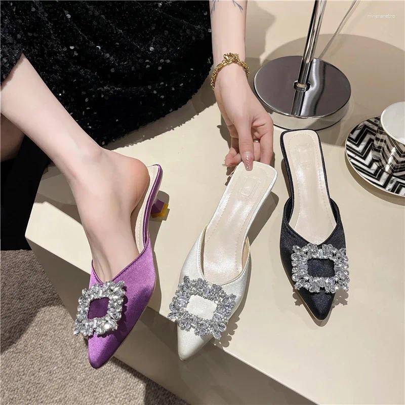 Slippers Women's Shoes Mules High Heels Fashion Wedding Pump Women Rhinestone Pointed Toe Sandals Ladies Zapatos Mujer
