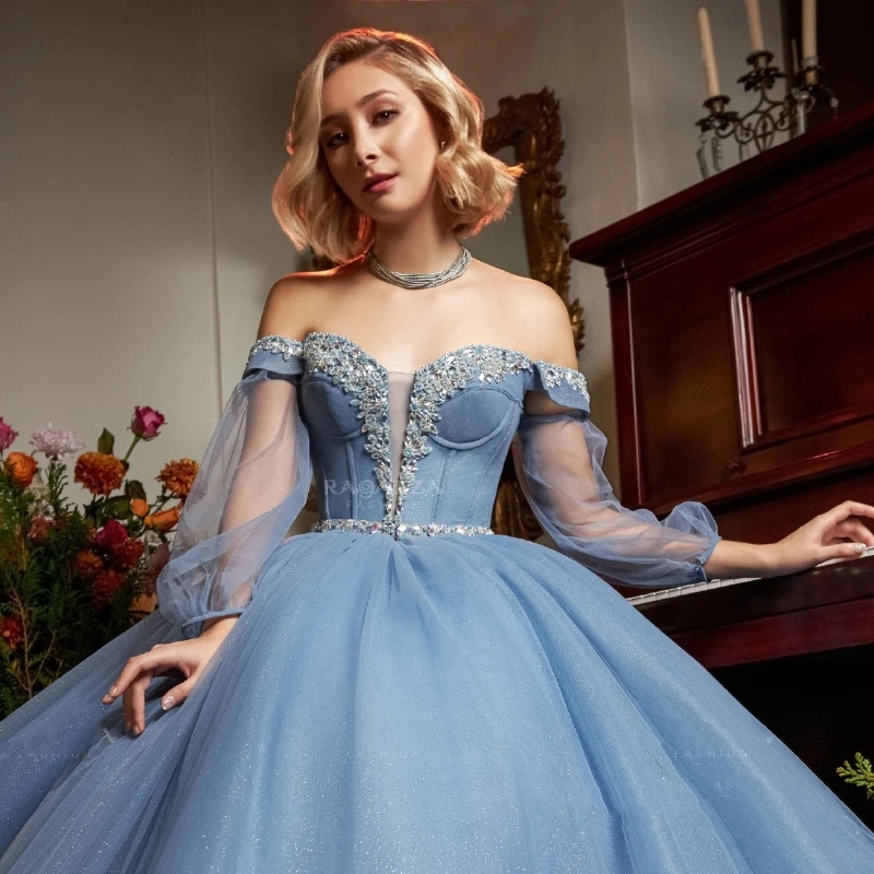 Sky Blue Shiny Off The Shoulder Ball Gown Quinceanera Dresses Appliques Beading Crystal Corset Vestidos De 15 Anos Sweet 16 Dress