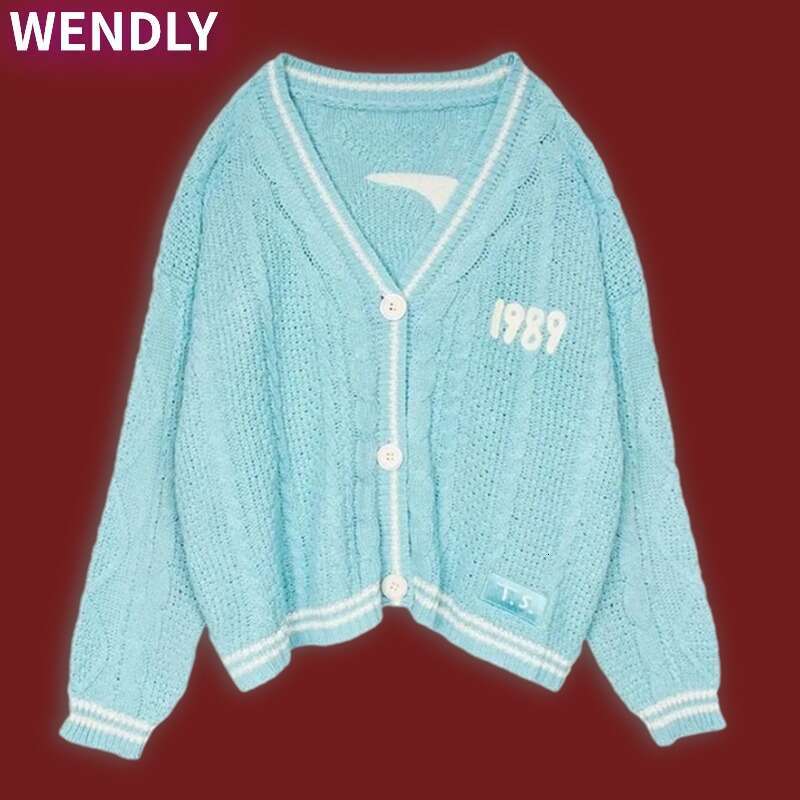 Autumn 1989 Blue Cotton Knitted 2023 Casual Sweater Mujer Winter Slight Strech Loose Fit Cardigan Women Tops Y2k