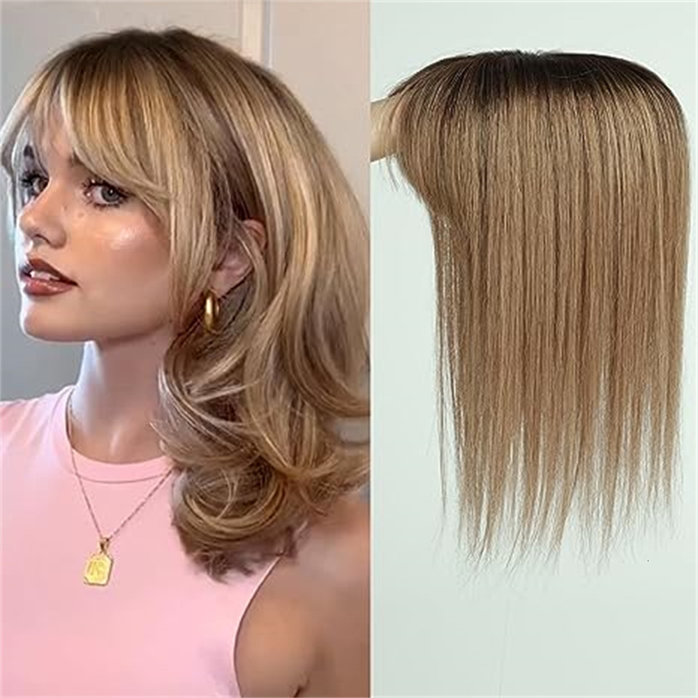 100% Remy Human Toppers Pieces Light Brown Women With Bang Silk Base Clip In Topper For Thinning Hair