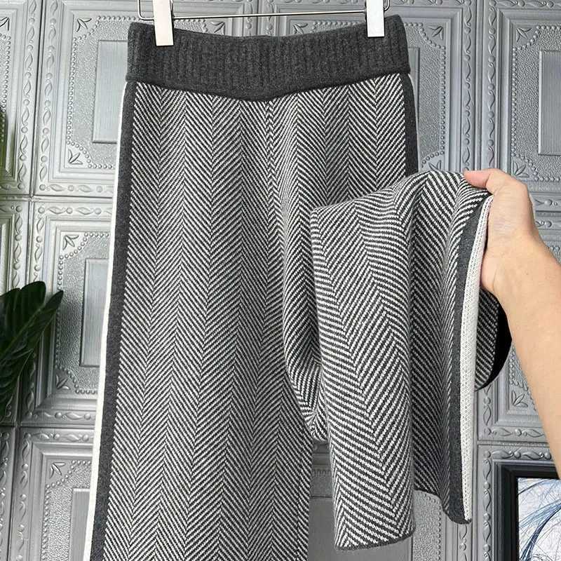 Women's Pants Capris S-3Xl Elegant Wool Wide Leg Pants Womens Korean Fashion Striped Knitted Pants Winter Office Womens High Waist Bag Pants Y241