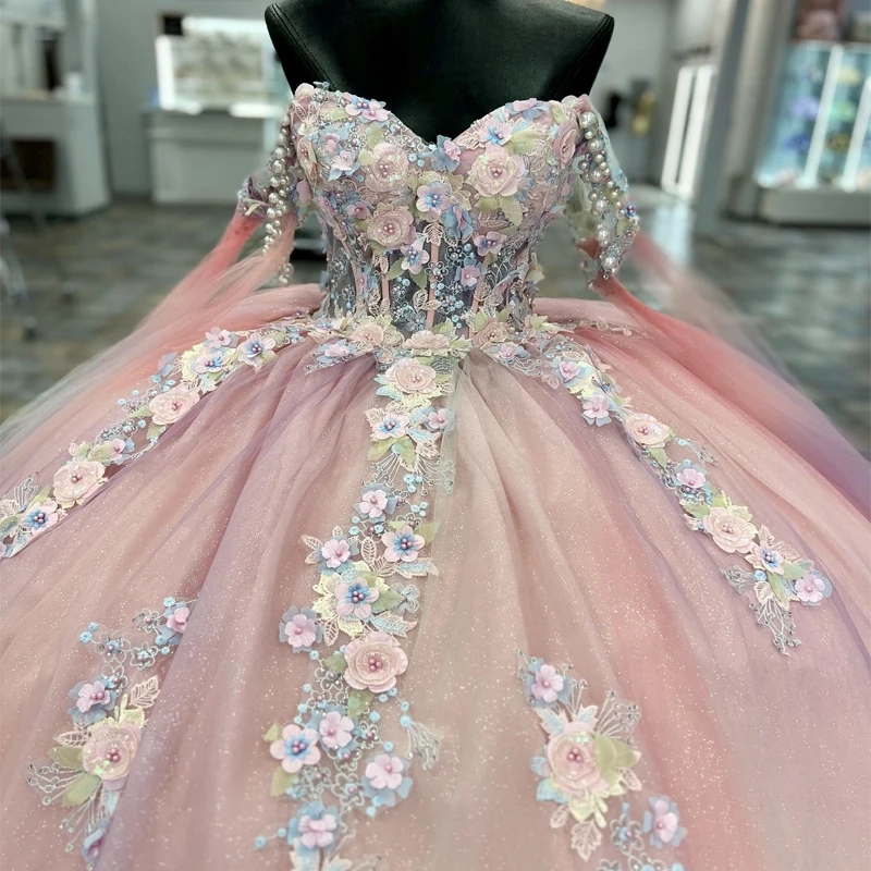 Mexico Pink Ball Gown Quinceanera Dresses Beaded Appliques Lace Tull Birthday Party Gowns Sweet 16 Party Birthday Vestido Xv De 15 Anos
