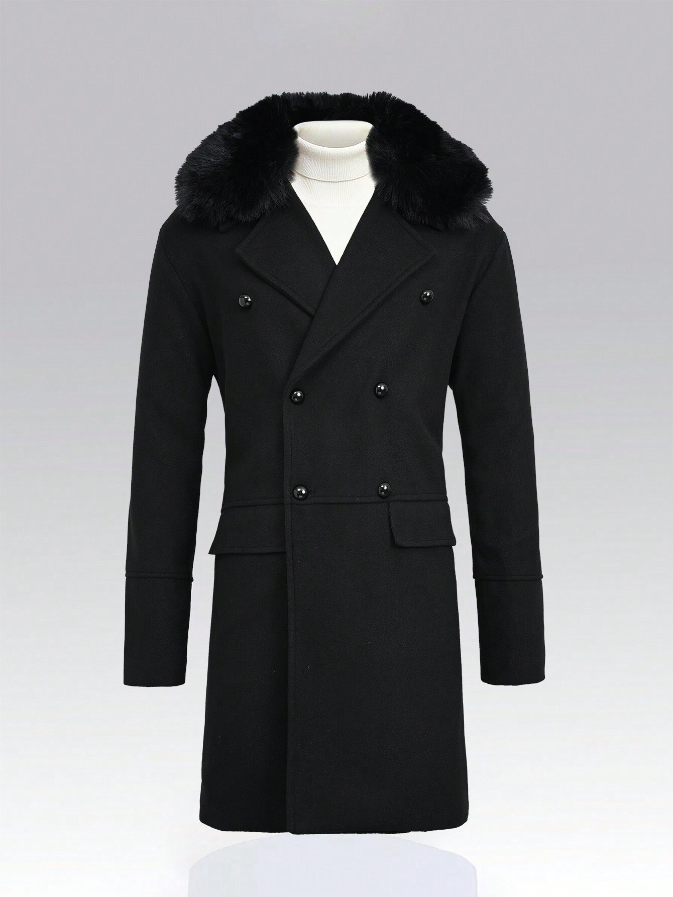 Men's Loose Woolen Coat With Double Breasted Buttons And Shearling Collar, Plain Going Out Fashion Overcoat
