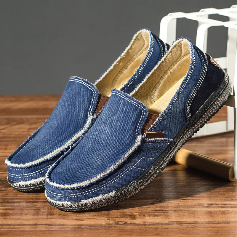 Blue grey canvas Mokasin mens style slippers washed denim casual tablet classic canvas shoes 240930