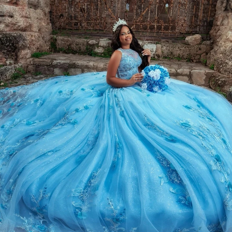 Sky Blue Shiny Quinceanera Dresses 3D Flowers Appliques Beading Tull Sequins Ball Gowns Princess Graduation Vestidos De 15 Anos Sweet 16 Dress