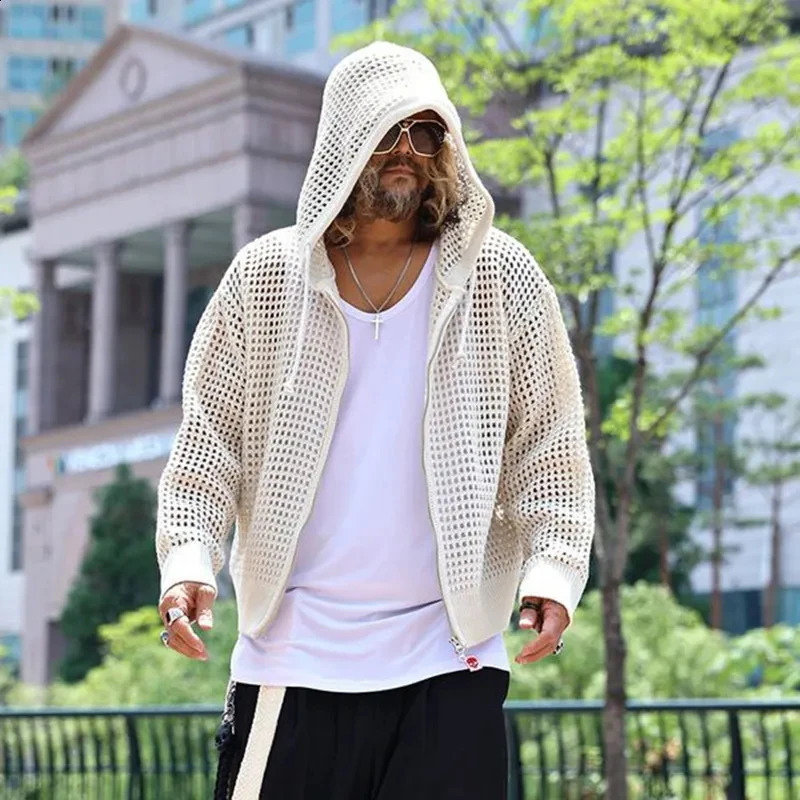 HOUZHOU Knit Mesh Coat for Men Hole Hooded Cardigan Long Sleeve Tee Male Hollow Out Casual Autumn Japanese Streetwear Hip Hop 240927