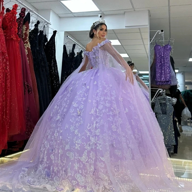 Lavender Shiny Off Shoulder Quinceanera Dresses Lace Bow Beads Tull With Cape Corset Birthday Party Gown Sweet 16 Vestidos 15 De XV Anos