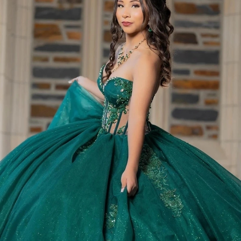 Emerald Green Quinceanera Dresses Off The Shoulder Appliques Lace Beads Sweet 16 Birthday Party Pageant Dress Vestidos 15 De Anos