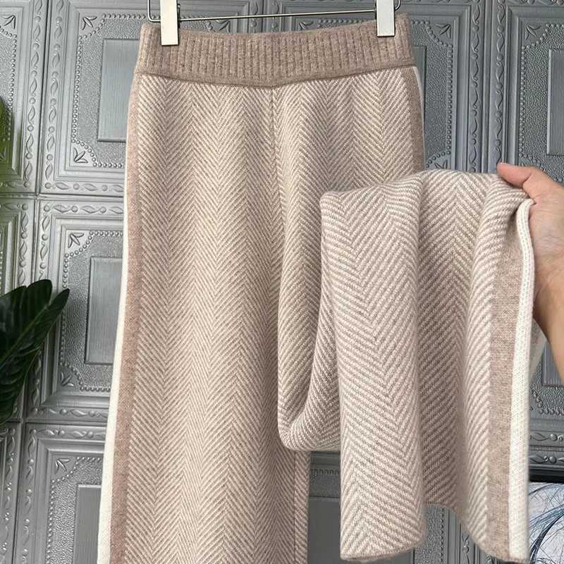 Women's Pants Capris S-3Xl Elegant Wool Wide Leg Pants Womens Korean Fashion Striped Knitted Pants Winter Office Womens High Waist Bag Pants Y241