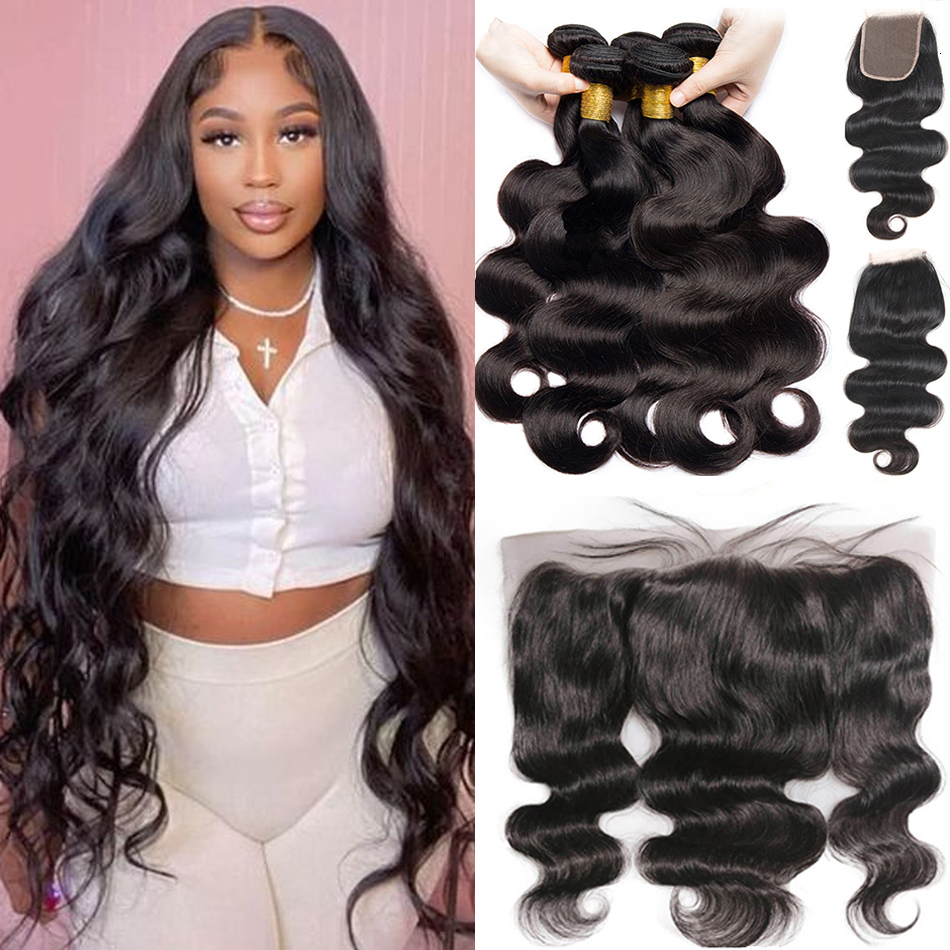 12A Raw Peruvian Virgin Closure Bodywave 100% Human Hair 3/4 Bundles With 13*4Frontal On Sale Body Wave Double Draw