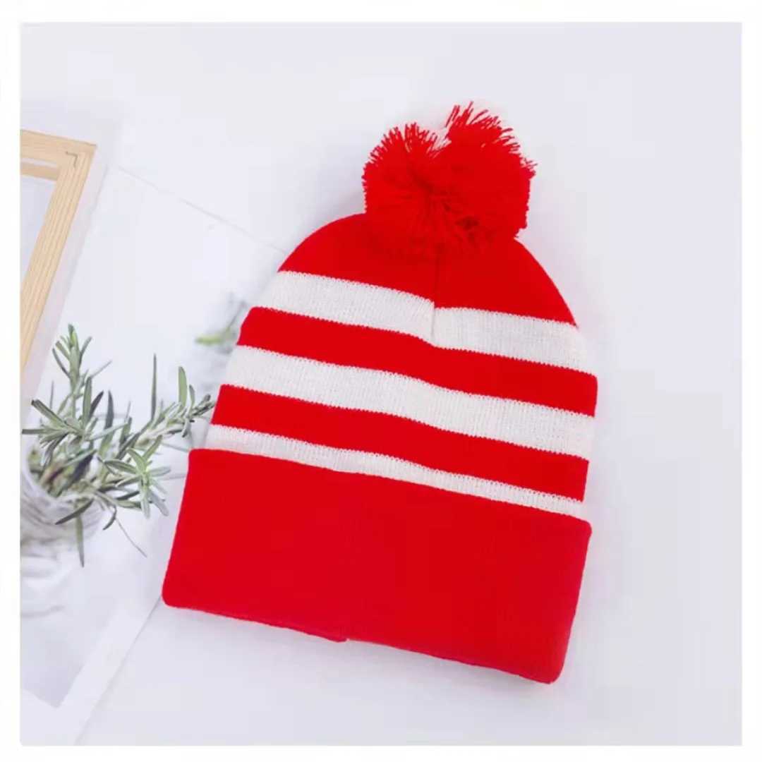 Red Beanie Men Women Christmas Decoration Colour Blocking Wool Cap Hat Halloween Striped Red Wool Ball Knit CapX241005