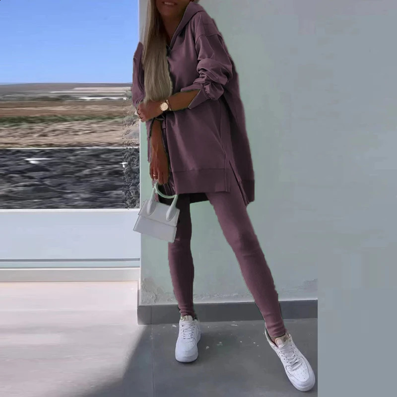 Casual Sport Split Hooded Sweatshirt Leggings Two Piece Set Women Fall Pure Loose Tracksuit Outfit Winter Long Sleeve Comfy Suit 240930