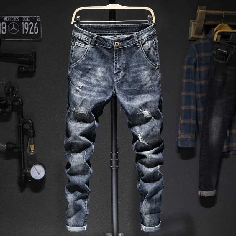 Mens Ripped Jeans Streetwear Personality Trendy Korean Fashion Slim Beggar Holes Denim Pants Stretch Casual Male Trousers W250905