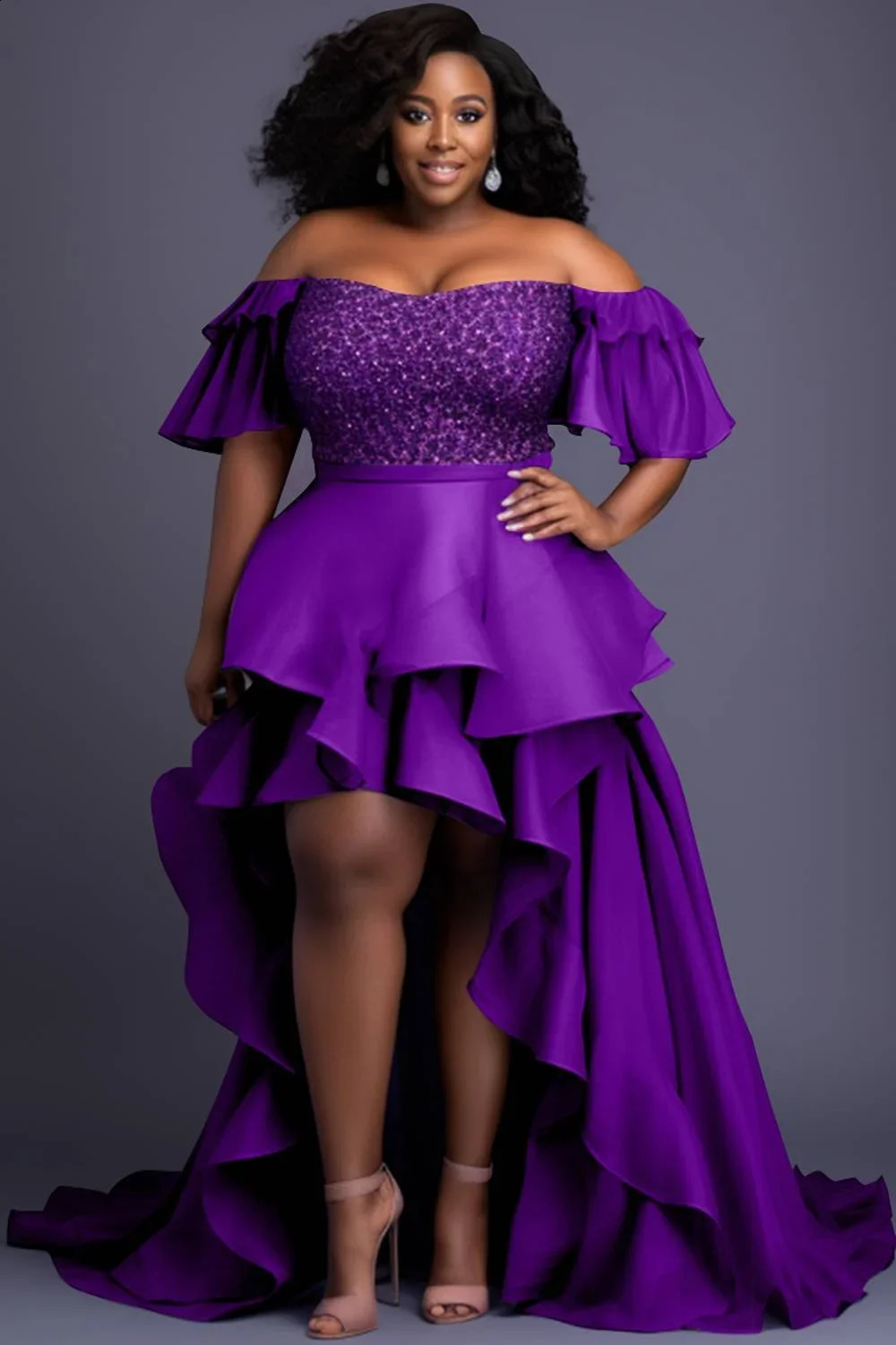 Womens plus size dress elegant purple shoulder ruffled sleeves asymmetrical hem wedding guests party evening dress 240929