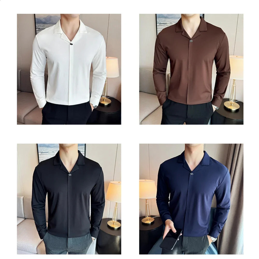 Mens Cuban collar long sleeved polo shirt premium set top seamless lapel slim fit Tshirt business casual royal blue 240930