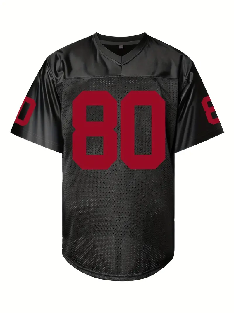 #80 Jerry Rice Comfy V-Neck Football Jersey Black Mesh Embroidery for Training and Competition Breathable Moisture-Wicking Short Sleeve Top for Active