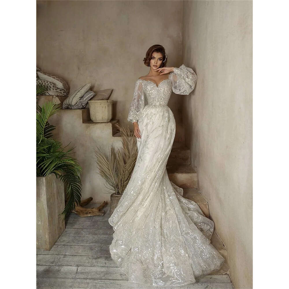 Elegant Tulle O Neck A e Wedding Sweetheart Applique Beading Lace Bridal Gown Illusion Puff Sleeve Princess Bride Dress