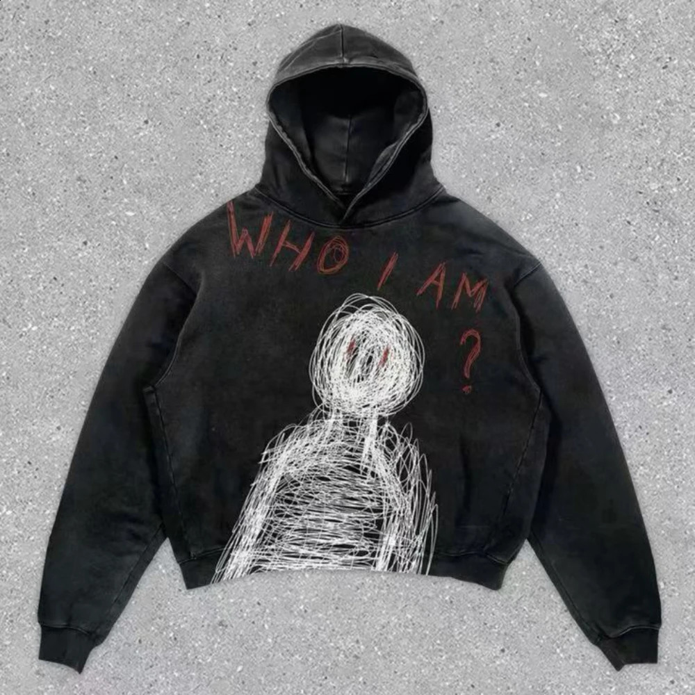 Personalized street diy portrait large print hoodie 2024 men and women who am I letters casual loose y2k black clothes harajuku 240930