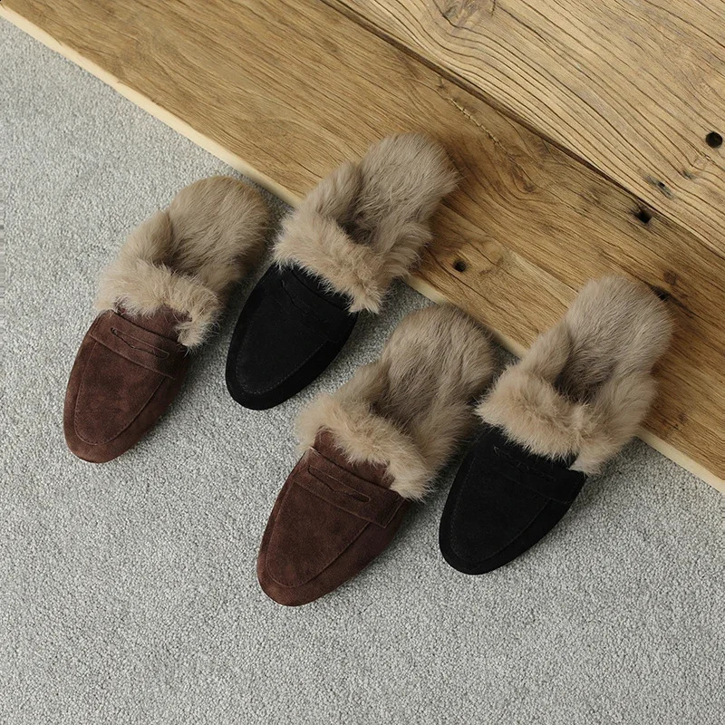 Sliding on simple shoes womens jackets warm shoes natural suede flat shoes womens slippers womens fur flat shoes240921bj
