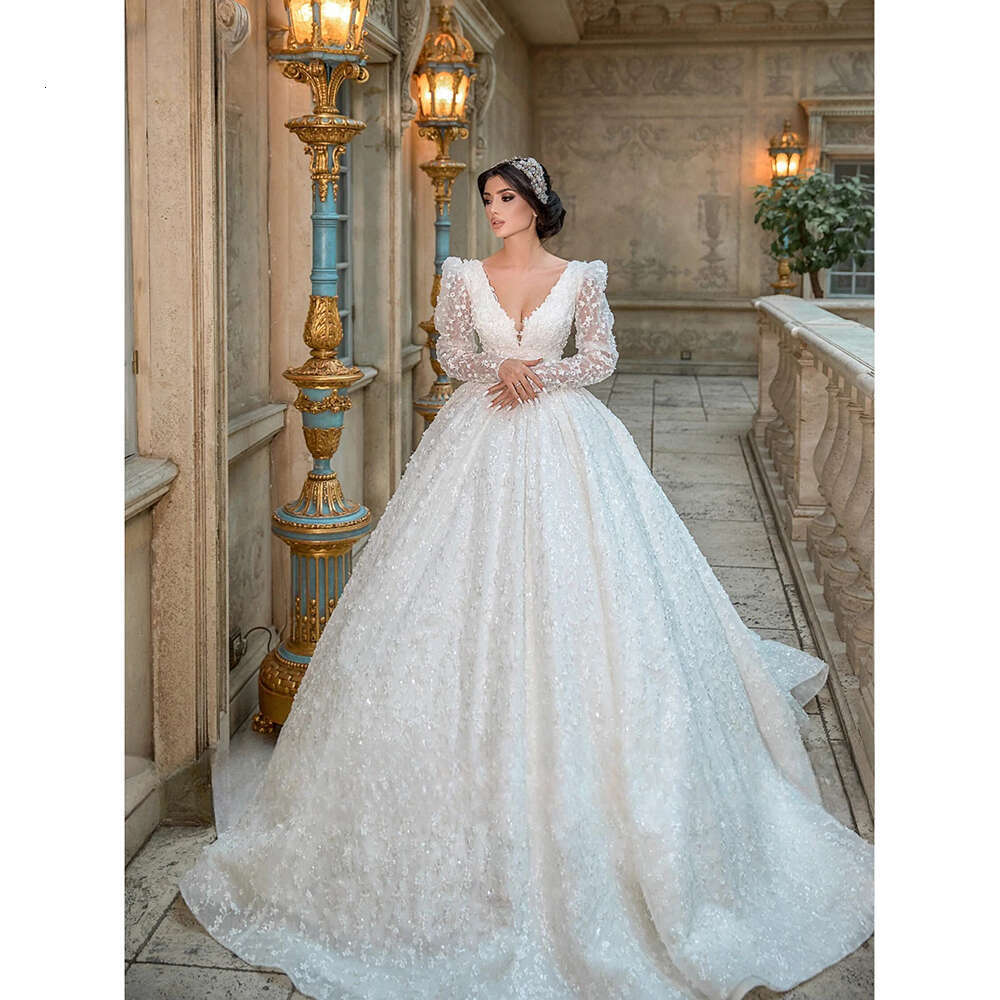 White Gorgeous V Neck Full Sleeves Wedding Dress Lace Applique Sequin Beaded Bridal Gown Custom Made Princess Bride Dresses es