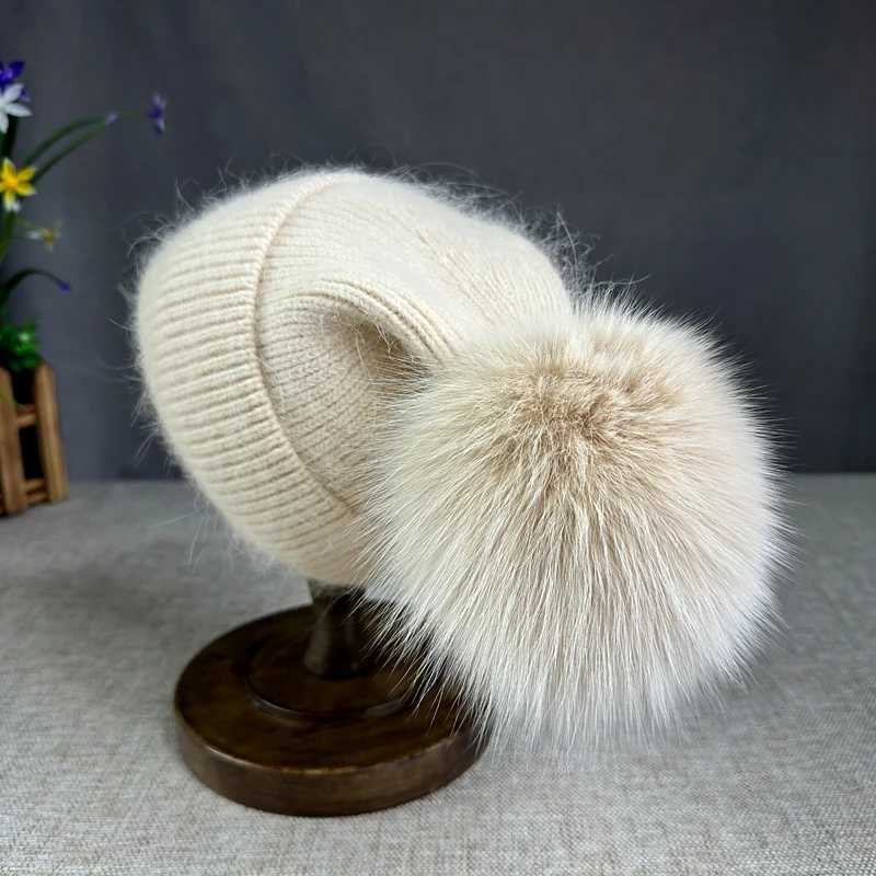 New Angora fur winter hat For Women Fluffy fox fur pompom hat Beanies Luxury Big size Bonnet Female Soft Warm Skullies hatX241005