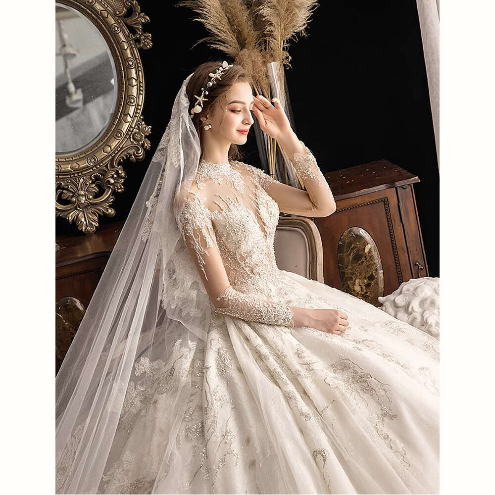 High Classic Neck Long Sleeved Wedding Dress Sequined Beaded Lace Applique Bridal Gown Fashion Traig Princess Bride Dresses es