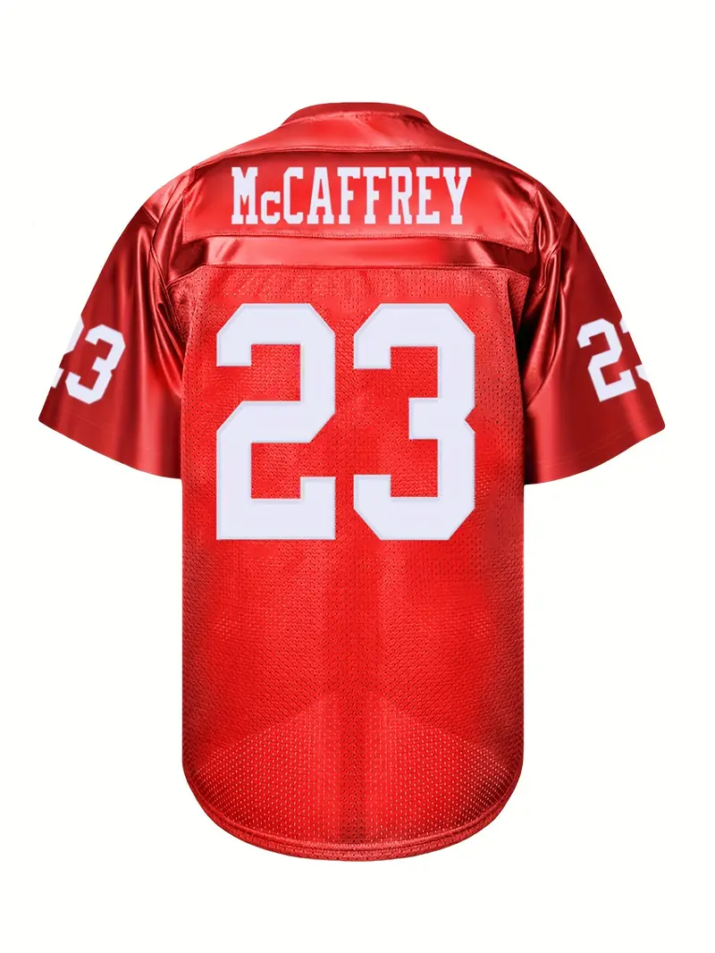 #23 Christian McCaffrey Comfy V-Neck Football Jersey Red Mesh Embroidery for Training and Competition Breathable Moisture-Wicking Short Sleeve Top for